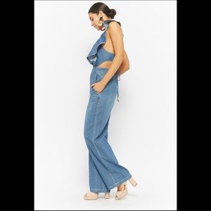 Denim Chambray Ruffle Jumpsuit With Lattice Back